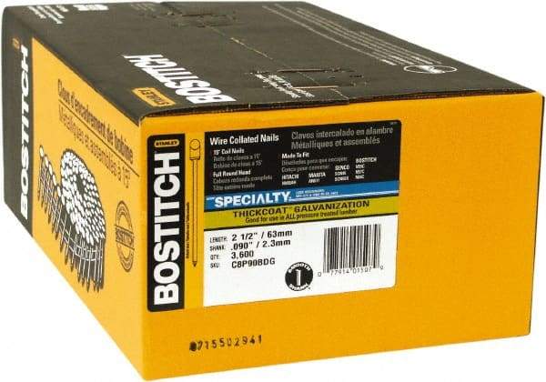 Stanley Bostitch - 13 Gauge 2-1/2" Long Siding Nails for Power Nailers - Steel, Galvanized Finish, Smooth Shank, Coil Wire Collation, Round Head, Blunt Diamond Point - Best Tool & Supply