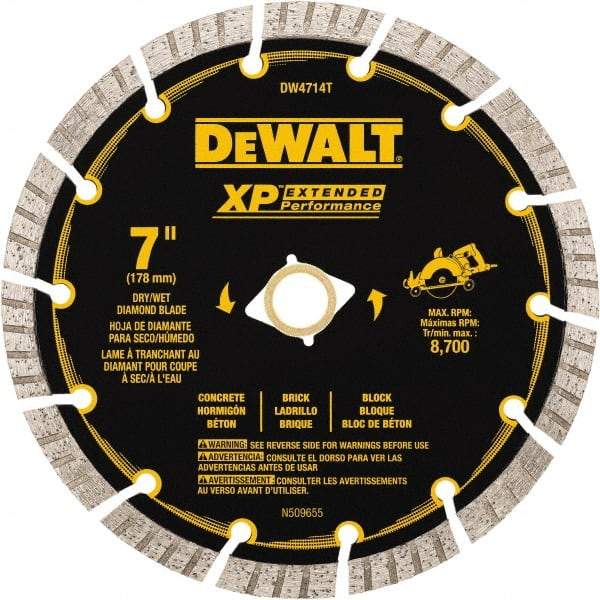 DeWALT - 7" Diam, 5/8" Arbor Hole Diam, 14 Tooth Wet & Dry Cut Saw Blade - Diamond Matrix, Fast Cutting Action, Standard Round Arbor - Best Tool & Supply