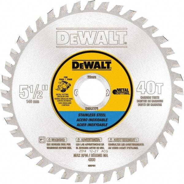 DeWALT - 5-1/2" Diam, 25/32" Arbor Hole Diam, 40 Tooth Wet & Dry Cut Saw Blade - Steel, Crosscutting Action, Standard Round Arbor - Best Tool & Supply