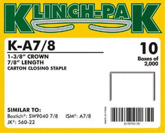 Klinch-Pak - 7/8" Long x 1-3/8" Wide, 0 Gauge Wide Crown Construction Staple - Steel, Copper Finish, Chisel Point - Best Tool & Supply