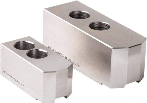 Samchully - 450mm Max Chuck Capacity, 1.5mm x 60° Serrated Interface, Square Soft Lathe Chuck Jaw - 3 Jaw, Steel, 43mm Btw Mount Hole Ctrs, 165mm Long, 62mm Wide, 66mm High, 22mm Groove, M20mm Fastener - Best Tool & Supply