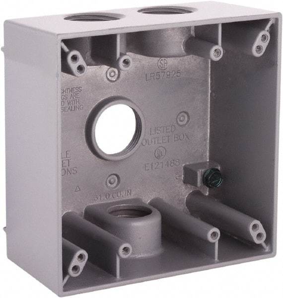 Hubbell-Raco - 2 Gang, (4) 3/4" Knockouts, Aluminum Square Device Box - 4-1/2" Overall Height x 2-1/4" Overall Depth, Weather Resistant - Best Tool & Supply