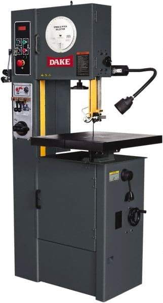 Dake - 15-1/2" Throat Capacity, Variable Speed Pulley Vertical Bandsaw - 25 to 1,200 SFPM, 2 hp, Three Phase - Best Tool & Supply