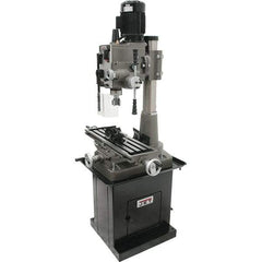 Jet - 1 Phase, 19-11/16" Swing, Geared Head Mill Drill Combination - 32-1/4" Table Length x 9-1/2" Table Width, 20-1/2" Longitudinal Travel, 8-1/4" Cross Travel, 6 Spindle Speeds, 1.5 hp, 115/230 Volts - Best Tool & Supply