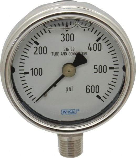 Wika - 2-1/2" Dial, 1/4 Thread, 0-600 Scale Range, Pressure Gauge - Lower Connection Mount, Accurate to 2-1-2% of Scale - Best Tool & Supply