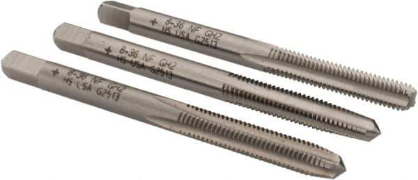 Cleveland - #8-36 UNF, 4 Flute, Bottoming, Plug & Taper, Bright Finish, High Speed Steel Tap Set - Right Hand Cut, 2-1/8" OAL, 0.38" Thread Length - Best Tool & Supply