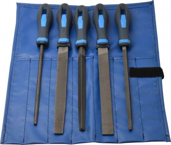 PFERD - 5 Piece American Pattern File Set - 8" Long, Bastard Coarseness, Ergonomic Handle, Set Includes Hand, Three Square, Square, Round, Tapered Half Round - Best Tool & Supply