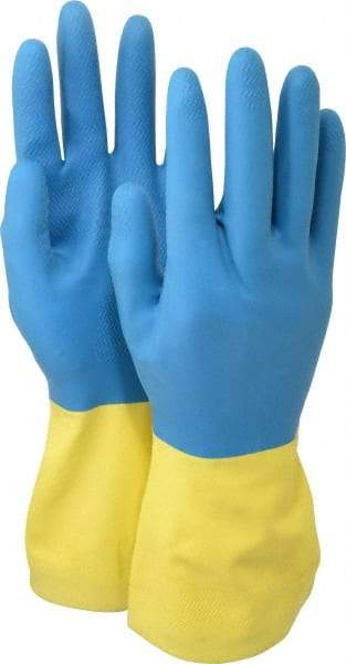 SHOWA - Size S (7), 12" Long, 26 mil Thick, Latex/Neoprene Chemical Resistant Gloves - Cotton Lined, Gauntlet Cuff, Blue/Yellow - Best Tool & Supply