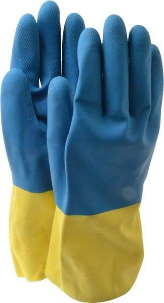 SHOWA - Size XL (10), 12" Long, 26 mil Thick, Latex/Neoprene Chemical Resistant Gloves - Cotton Lined, Gauntlet Cuff, Blue/Yellow - Best Tool & Supply