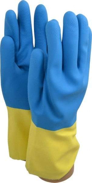 SHOWA - Size L (9), 12" Long, 26 mil Thick, Latex/Neoprene Chemical Resistant Gloves - Cotton Lined, Gauntlet Cuff, Blue/Yellow - Best Tool & Supply