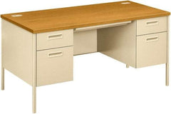 Hon - Laminate Top & Metal Base Double Pedestal Desk with Center Drawer - 60" Wide x 30" Deep x 29-1/2" High, Harvest/Putty - Best Tool & Supply