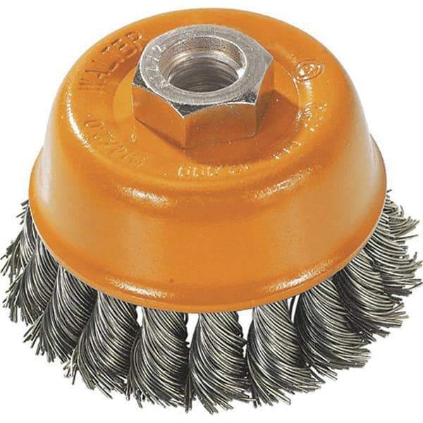 WALTER Surface Technologies - 3" Diam, 5/8-11 Threaded Arbor, Steel Fill Cup Brush - 0.02 Wire Diam, 12,000 Max RPM - Best Tool & Supply