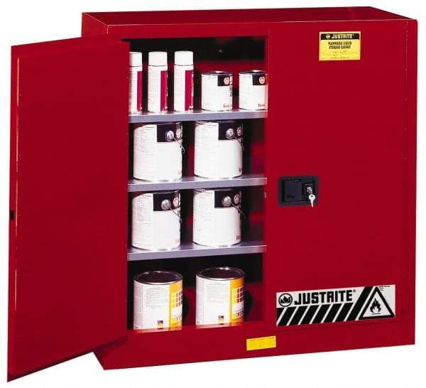 Justrite - 2 Door, 3 Shelf, Red Steel Standard Safety Cabinet for Flammable and Combustible Liquids - 44" High x 43" Wide x 18" Deep, Manual Closing Door, 3 Point Key Lock, 40 Gal Capacity - Best Tool & Supply