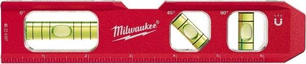 Milwaukee Tool - Magnetic 7" Long 3 Vial Torpedo Level - Aluminum, Red, 1 Level, 1 Plumb & 1 45° Vials - Best Tool & Supply