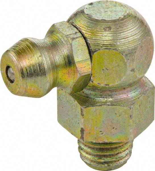 Umeta - 90° Head Angle, 1/4-28 PTF Zinc Plated Yellow Thread-Forming Grease Fitting - 3/8" Hex, 3/4" Overall Height - Best Tool & Supply