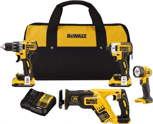 DeWALT - 20 Volt Cordless Tool Combination Kit - Includes 1/2" Drill/Driver, 1/4" Impact Driver, Reciprocating Saw & LED Worklight, Lithium-Ion Battery Included - Best Tool & Supply