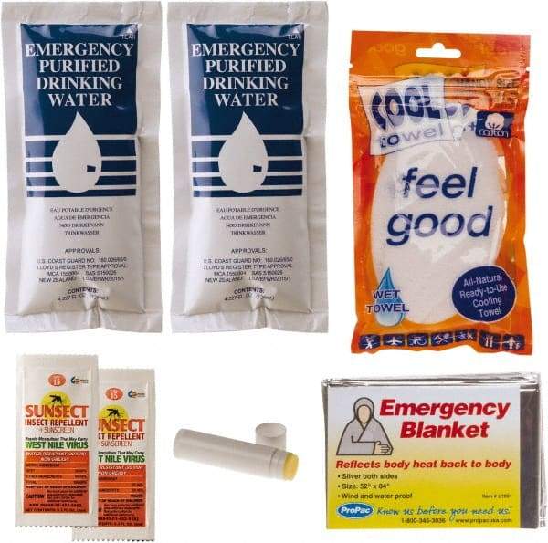 PRO-SAFE - Emergency Preparedness Kits Type: Cool Down Emergency Kit Contents: (2) Emergency Drinking Water Packets; (2) Sunscreen + Insect Repellant Cream; Cooling Towel; Emergency Mylar Blanket; Lip Balm - Best Tool & Supply