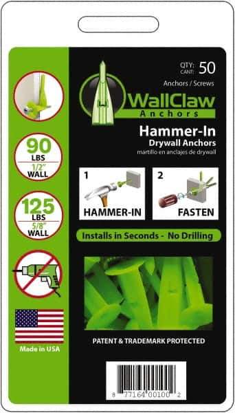 WallClaw Anchors - #8 Screw, 1/2" Diam, 2" Long, 1/4" Thick, Hammer-In Drywall & Hollow Wall Anchor - Nylon, Use with Drywall & Hollow Wall - Best Tool & Supply