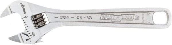 Channellock - 1/2" Jaw Capacity, 4" Standard Adjustable Wrench - Chrome Vanadium Steel, Chrome Finish, 4-1/2" OAL - Best Tool & Supply