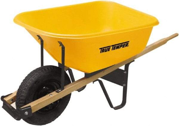 True Temper - 6 Cu Ft Capacity Wheelbarrow with 16" Pneumatic Wheel - Hardwood Handle, 60" Long x 30" Wide x 27" High, Yellow - Best Tool & Supply