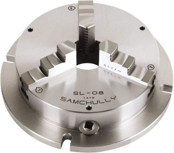 Samchully - 3 Jaw, 215mm Diam, Self Centering Manual Lathe Chuck - Plain Back Mount, Adjustable, 60mm Through Hole Diam, Forged Steel - Best Tool & Supply