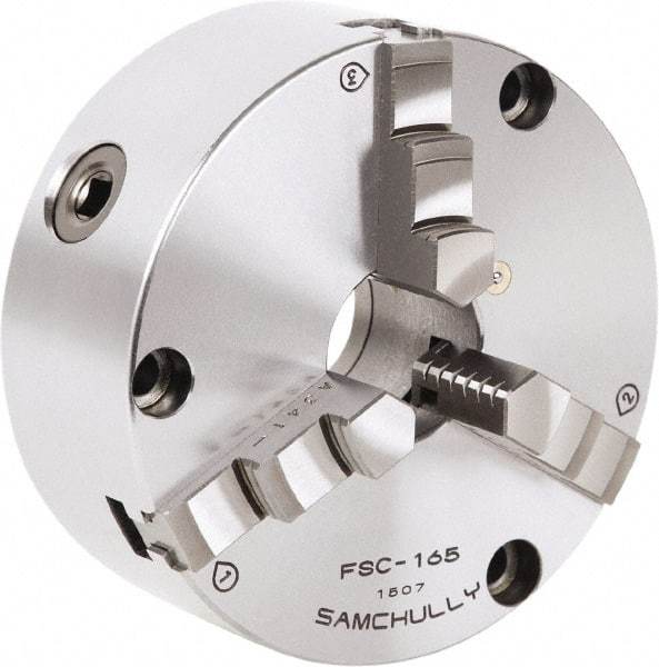 Samchully - 3 Jaw, 232mm Diam, Self Centering Manual Lathe Chuck - Front Mount, Adjustable, 75mm Through Hole Diam, Forged Steel - Best Tool & Supply