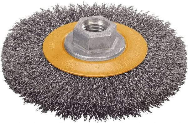 WALTER Surface Technologies - 4-1/2" OD, 5/8-11 Arbor Hole, Crimped Stainless Steel Wheel Brush - 5/8" Face Width, 1" Trim Length, 0.0118" Filament Diam, 12,500 RPM - Best Tool & Supply