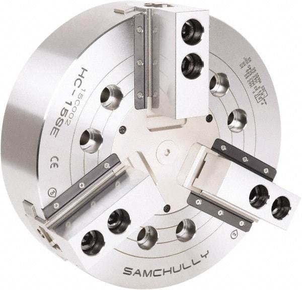 Samchully - 3 Jaw, 450mm Chuck Diam, Plain Back Mount, 0mm Through Hole Diam, Drawbar Hydraulic Power Lathe Chuck - 1.5mm x 60° Serrated Jaw Interface, 2,710 RPM, Steel Body - Best Tool & Supply