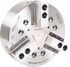 Samchully - 3 Jaw, 381mm Chuck Diam, Plain Back Mount, 0mm Through Hole Diam, Drawbar Hydraulic Power Lathe Chuck - 1.5mm x 60° Serrated Jaw Interface, 3,040 RPM, Steel Body - Best Tool & Supply