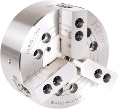 Samchully - 3 Jaw, 800mm Chuck Diam, Plain Back Mount, 0mm Through Hole Diam, Drawbar Hydraulic Power Lathe Chuck - 3mm x 60° Serrated Jaw Interface, 800 RPM, Steel Body - Best Tool & Supply