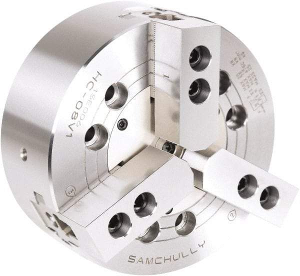 Samchully - 3 Jaw, 165mm Chuck Diam, Plain Back Mount, 0mm Through Hole Diam, Drawbar Hydraulic Power Lathe Chuck - 1.5mm x 60° Serrated Jaw Interface, 5,270 RPM, Steel Body - Best Tool & Supply