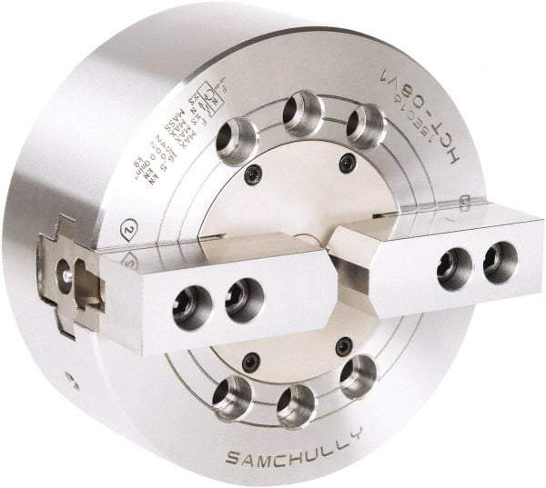 Samchully - 2 Jaw, 110mm Chuck Diam, Plain Back Mount, 0mm Through Hole Diam, Drawbar Hydraulic Power Lathe Chuck - 1.5mm x 60° Serrated Jaw Interface, 6,000 RPM, Steel Body - Best Tool & Supply