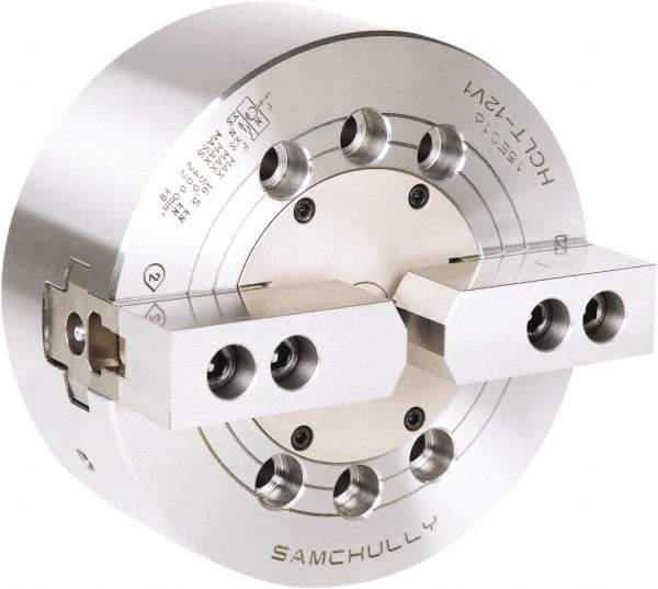 Samchully - 2 Jaw, 165mm Chuck Diam, Plain Back Mount, 0mm Through Hole Diam, Drawbar Hydraulic Power Lathe Chuck - 1.5mm x 60° Serrated Jaw Interface, 4,300 RPM, Steel Body - Best Tool & Supply