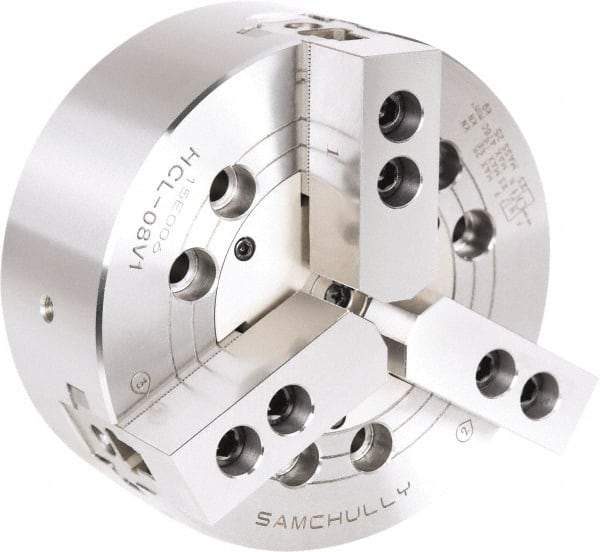 Samchully - 3 Jaw, 165mm Chuck Diam, Plain Back Mount, 0mm Through Hole Diam, Drawbar Hydraulic Power Lathe Chuck - 1.5mm x 60° Serrated Jaw Interface, 4,300 RPM, Steel Body - Best Tool & Supply