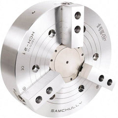 Samchully - 3 Jaw, 530mm Chuck Diam, Plain Back Mount, 140mm Through Hole Diam, Drawtube Hydraulic Power Lathe Chuck - 3mm x 60° Serrated Jaw Interface, 1,700 RPM, Steel Body - Best Tool & Supply