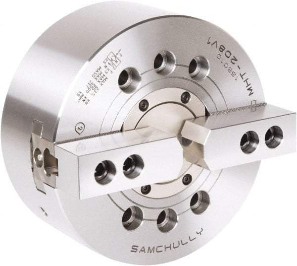 Samchully - 2 Jaw, 175mm Chuck Diam, Plain Back Mount, 52mm Through Hole Diam, Drawtube Hydraulic Power Lathe Chuck - 1.5mm x 60° Serrated Jaw Interface, 6,000 RPM, Steel Body - Best Tool & Supply