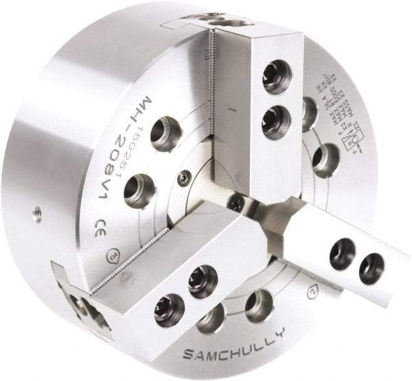 Samchully - 3 Jaw, 610mm Chuck Diam, Plain Back Mount, 190mm Through Hole Diam, Drawtube Hydraulic Power Lathe Chuck - 1.5mm x 60° Serrated Jaw Interface, 1,400 RPM, Steel Body - Best Tool & Supply