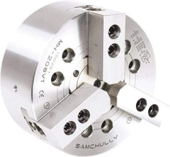 Samchully - 3 Jaw, 254mm Chuck Diam, Plain Back Mount, 82mm Through Hole Diam, Drawtube Hydraulic Power Lathe Chuck - 1.5mm x 60° Serrated Jaw Interface, 4,500 RPM, Steel Body - Best Tool & Supply