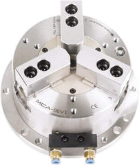 Samchully - 3 Jaw, 300mm Chuck Diam, Plain Back Mount, 0mm Through Hole Diam, Self-Contained Air Power Lathe Chuck - 1.5mm x 60° Serrated Jaw Interface, Steel Body - Best Tool & Supply