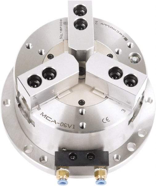 Samchully - 3 Jaw, 248mm Chuck Diam, Plain Back Mount, 0mm Through Hole Diam, Self-Contained Air Power Lathe Chuck - 1.5mm x 60° Serrated Jaw Interface, Steel Body - Best Tool & Supply