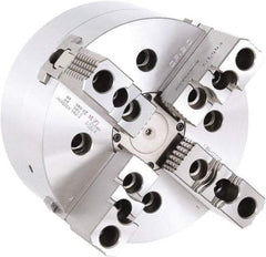 Samchully - 4 Jaw, 254mm Chuck Diam, Plain Back Mount, 0mm Through Hole Diam, Drawbar Hydraulic Power Lathe Chuck - 1.5mm x 60° Serrated Jaw Interface, 3,200 RPM, Steel Body - Best Tool & Supply