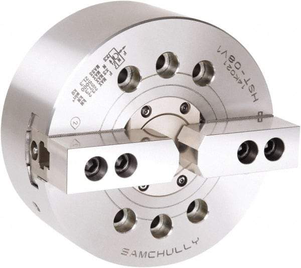 Samchully - 2 Jaw, 254mm Chuck Diam, Plain Back Mount, 77mm Through Hole Diam, Drawtube Hydraulic Power Lathe Chuck - 1.5mm x 60° Serrated Jaw Interface, 4,200 RPM, Steel Body - Best Tool & Supply