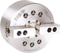 Samchully - 2 Jaw, 169mm Chuck Diam, Plain Back Mount, 46mm Through Hole Diam, Drawtube Hydraulic Power Lathe Chuck - 1.5mm x 60° Serrated Jaw Interface, 6,000 RPM, Steel Body - Best Tool & Supply