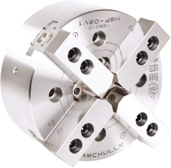 Samchully - 4 Jaw, 304mm Chuck Diam, Plain Back Mount, 91mm Through Hole Diam, Drawtube Hydraulic Power Lathe Chuck - 1.5mm x 60° Serrated Jaw Interface, 3,300 RPM, Steel Body - Best Tool & Supply