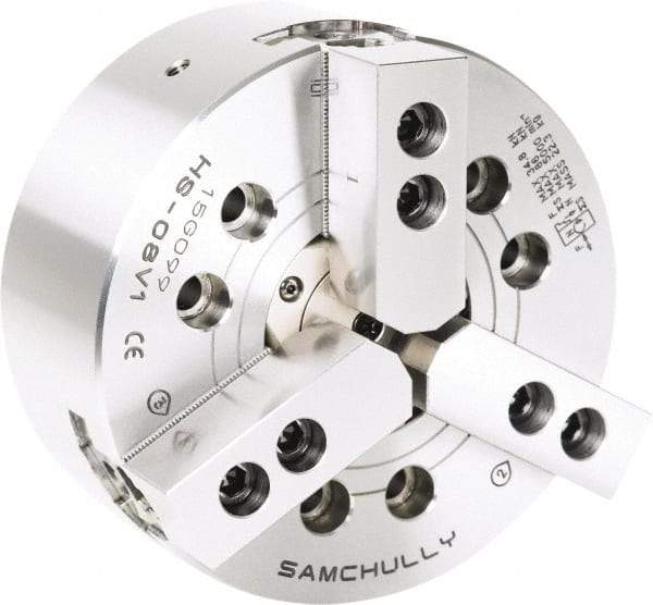 Samchully - 3 Jaw, 254mm Chuck Diam, Plain Back Mount, 77mm Through Hole Diam, Drawtube Hydraulic Power Lathe Chuck - 1.5mm x 60° Serrated Jaw Interface, 4,200 RPM, Steel Body - Best Tool & Supply