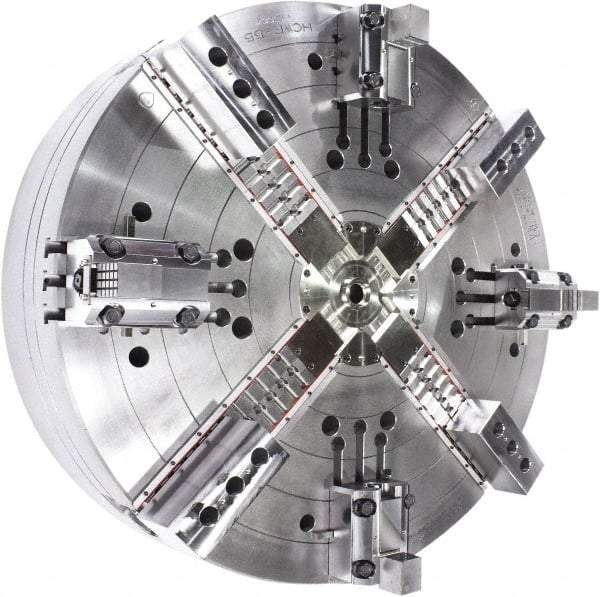 Samchully - 4 Jaw, 1400mm Chuck Diam, Plain Back Mount, 0mm Through Hole Diam, Drawbar Hydraulic Power Lathe Chuck - Tongue & Groove Jaw Interface, 400 RPM, Steel Body - Best Tool & Supply