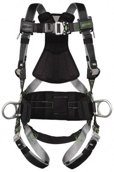 Miller - 400 Lb Capacity, Size Universal, Full Body Construction Safety Harness - Polyester (Outer) & Webbing, Side D-Ring, Quick Connect Leg Strap, Quick Connect Chest Strap, Green/Black - Best Tool & Supply