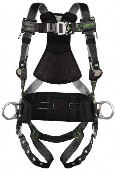 Miller - 400 Lb Capacity, Size Universal, Full Body Construction Safety Harness - Polyester (Outer) & Webbing, Side D-Ring, Tongue Leg Strap, Quick Connect Chest Strap, Green/Black - Best Tool & Supply