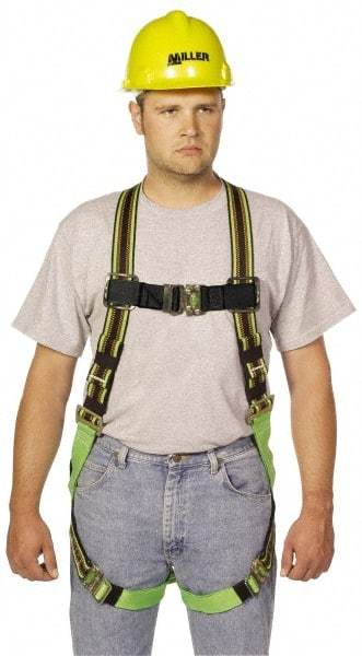 Miller - 400 Lb Capacity, Size Universal, Full Body Construction Safety Harness - Polyester Webbing, Quick Connect Leg Strap, Quick Connect Chest Strap, Green/Black - Best Tool & Supply