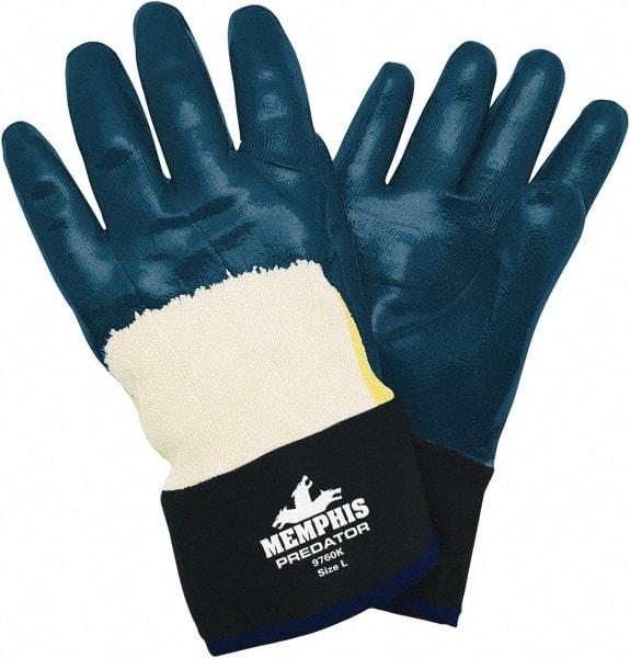 MCR Safety - Size L (9), 10-1/2" Long, Supported, Nitrile Chemical Resistant Gloves - Smooth Finish, KEVLAR Lined, Safety Cuff, Blue - Best Tool & Supply